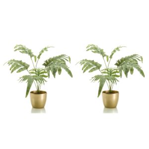 Set van 2x stuks Phlebodium kunstplant grijs/groen 67 cm in gouden pot