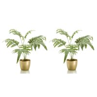 Set van 2x stuks Phlebodium kunstplant grijs/groen 67 cm in gouden pot - thumbnail