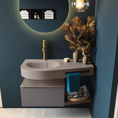 MONDIAZ RIVA 100cm badmeubel onderkast / planchet kleur Dark_Grey met 1 lade. Wastafel DULCET links 1 kraangat kleur Smoke. MONDIAZ RIVA 100cm badmeubel onderkast / planchet kleur Dark_Grey met 1 lade. Wastafel DULCET links 1 kraangat kleur Smoke.