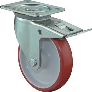 BS Rollen Zwenkwiel | wiel d. 125 mm draagvermogen 150 kg | met totale rem van polyurethaan | 104x80 mm rood | 1 stuk - L420.B31.125 L420.B31.125