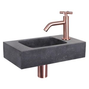 Differnz Force fonteinset - 40x22x9cm - Rechthoek - 1 kraangat - Gebogen rose koper kraan - kruisgreep - Natuursteen Zwart 38.400.45
