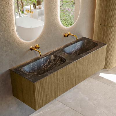 Badmeubel Mondiaz Kurve-Dlux | 150 cm cm | Meubelkleur Dusk | Wastafelkleur Lava | Solid surface | Wasbak beiden zijden spoelbak | Zonder kraangat(en)