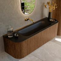 Mondiaz KURVE 150 cm Onderkast Greeploos 1 Lade Met Deuren Walnut, Wastafel Solid Surface Midden Urban 0 Kraangaten Zonder Spiegel (KRVBGM150L+R1L2D0KM-Wal/Urb)