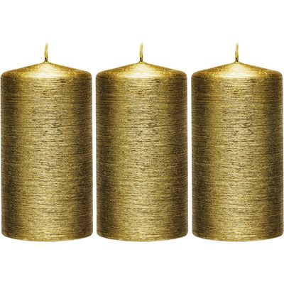 3x Gouden cilinderkaarsen/stompkaarsen 7 x 13 cm 25 branduren