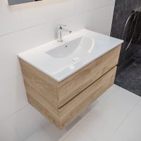 Mondiaz Vica Denia badmeubel eiken licht 80 cm 2 lades keramiek enkele spoelbak midden 1 kraangat