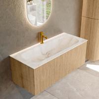 Badmeubel Mondiaz Kurve-Dlux | 110 cm | Meubelkleur Oak | Wastafelkleur Frappe | Solid surface | Midden spoelbak | 1 kraangat Badmeubel Mondiaz Kurve-Dlux | 110 cm | Meubelkleur Oak | Wastafelkleur Frappe | Solid surface | Midden spoelbak | 1 kraangat