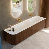 Badmeubel Mondiaz Kurve-Dlux | 175 cm | Meubelkleur Walnut | Wastafelkleur Opalo | Solid surface | Dubbele spoelbak | Zonder kraangat(en)
