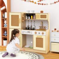 Kinderkeuken met Rieten Deuren & Licht & Geluid & Koelkast Speelkeuken Speelgoedkeuken Geel