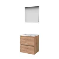 Basic-Line Framed 46 Badkamermeubelset - 60 x 46 cm - Greeploos - 2 Lades - Keramische Wastafel - 1 Kraangat - Spiegel met Zwart Aluminium Frame - Whisky Oak