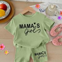 Baby Girls 2pcs Set Round Neck Short Sleeve T-Shirt And Leggings, Casual & Minimalist Green