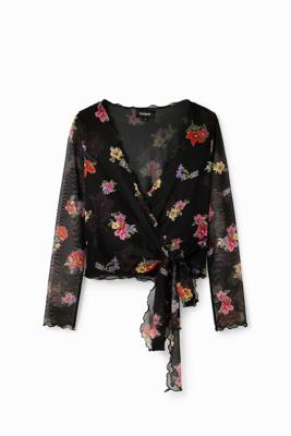 Tulen wikkelblouse met bloemen - BLACK - XL