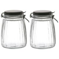 Voorraadpot/bewaarpot - 2x - 1,5L - glas - met beugelsluiting - mat zwarte deksel