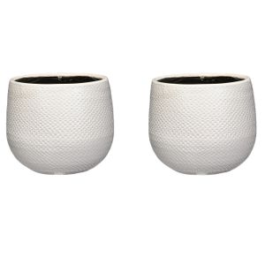 Set van 2x stuks bloempotten wit ribbels keramiek voor kamerplant H14 x D16 cm