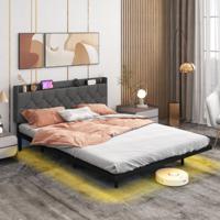 Bed met LED-verlichting Gestoffeerd Bed met Verstelbaar Gewatteerd Hoofdeinde Tweepersoonsbed Bedframe 140 x 200 cm Grijs