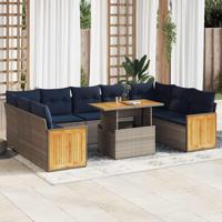 10-delige Loungeset met kussens poly rattan acacia grijs