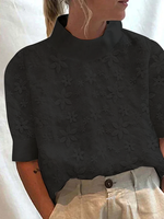 Women's Cotton Linen Lace Lapel Button Down Short Sleeve Shirt - thumbnail