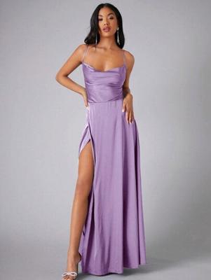 Bon&Bon Lilac Satin Bridesmaid Dress | Cowl Neck Maxi Gown with Split Lilac Purple / XL