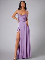 Bon&Bon Lilac Satin Bridesmaid Dress | Cowl Neck Maxi Gown with Split Lilac Purple / XL