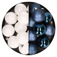 24x stuks kunststof kerstballen mix van wit en donkerblauw 6 cm - Kerstbal