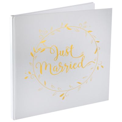 Gastenboek/receptieboek Just Married - goud/wit - Bruiloft - 24 x 24 cm