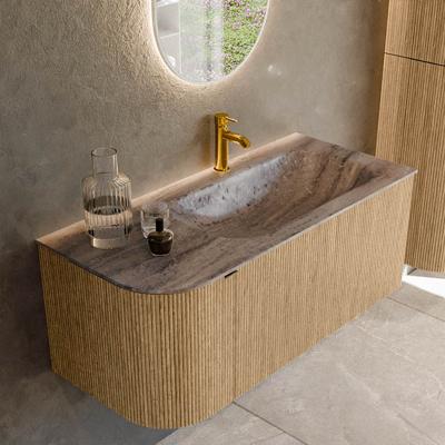 Badmeubel Mondiaz Kurve-Dlux | 105 cm | Meubelkleur Oak | Wastafelkleur Oza | Solid surface | Wasbak rechter zijde spoelbak | 1 kraangat
