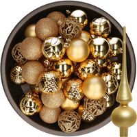 37x stuks kunststof kerstballen 6 cm incl. glazen piek mat goud - thumbnail