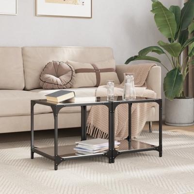 Salontafels 2 st met zwart glazen blad 40x40x40 cm staal