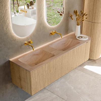 Badmeubel Mondiaz Kurve-Dlux | 155 cm | Meubelkleur Oak | Wastafelkleur Saba | Solid surface | Dubbel / Links spoelbak | Zonder kraangat(en)