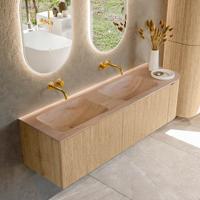 Badmeubel Mondiaz Kurve-Dlux | 155 cm | Meubelkleur Oak | Wastafelkleur Saba | Solid surface | Dubbel / Links spoelbak | Zonder kraangat(en)
