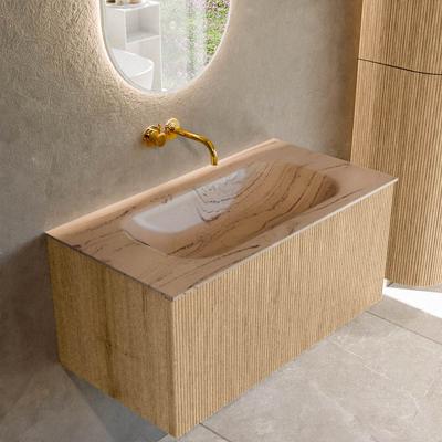 Badmeubel Mondiaz Kurve-Dlux | 90 cm | Meubelkleur Oak | Wastafelkleur Arena | Solid surface | Wasbak midden spoelbak | Zonder kraangat(en)