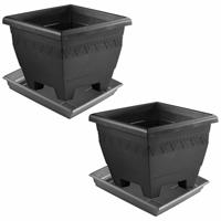 Hega Hogar Plantenbakken - 2x - antraciet kunststof - met onderschaal - 40 x 40 x 31.5 cm