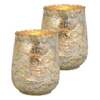 Glazen design windlicht/kaarsenhouder - 2x - champagne goud - 10 x 12 x 10 cm - waxinelichtjes