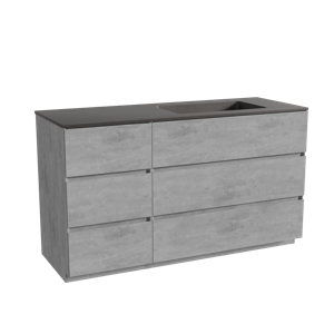 Storke Edge staand badmeubel 140 x 52 cm beton donkergrijs met Scuro asymmetrisch rechtse wastafel in kwarts mat zwart