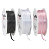 Cadeaulint/sierlint 3x rollen - zwart/roze/wit - 3 mm x 50 meter - Hobby/decoratie/knutselen