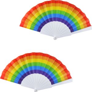 2x Spaanse hand waaiers regenboog/rainbow/pride vlag 14 x 23 cm