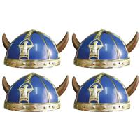 Gallier/vikingen verkleed helm met hoorns - 4x stuks - blauw - Carnaval verkleed hoeden - volwassene