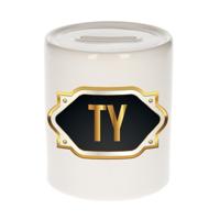 Spaarpot met voornaam Ty - wit - goud/zwart embleem - 8 x 9 cm - keramiek - afsluitdop