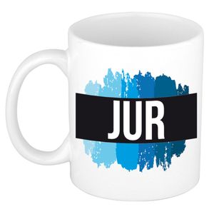 Naam cadeau mok / beker Jur met blauwe verfstrepen 300 ml