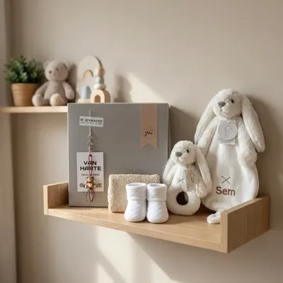 Babycadeaudoosje met knuffeldoekje en rammelaar Babycadeaudoosje met knuffeldoekje en rammelaar