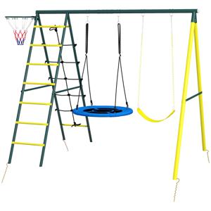 Outsunny Kinderschommelset met 2 Schommels, Basketbalring, Klimladder, 267x180x202 cm, Geel