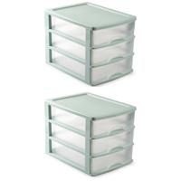 2x stuks ladeblok/bureau organizer met 3 lades groen/transparant L 35,5 x B 27 x H 27 cm