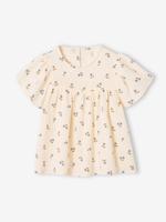 Meisjesblouse met print en vlindermouwen van gaas van biologisch katoen wit, bedrukt