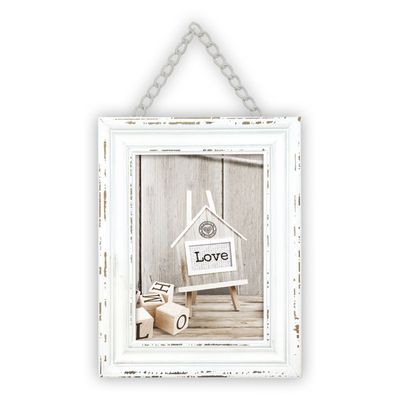Houten fotolijst vintage wit met metalen ophangketting geschikt voor een foto van 13 x 18 cm