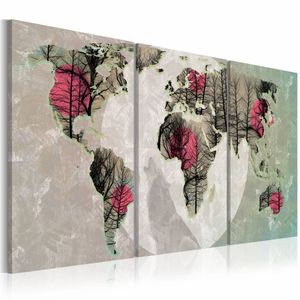 Schilderij Schilderij - Moonlight map, wereldkaart , rood grijs , 3 luik  - Moonlight map
