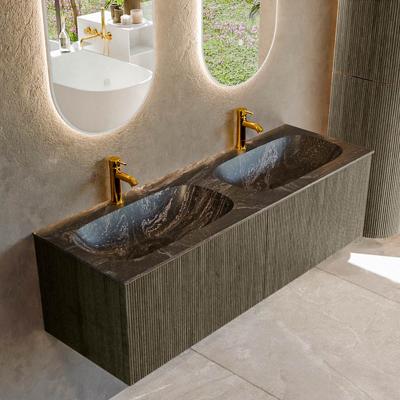 Badmeubel Mondiaz Kurve-Dlux | 140 cm cm | Meubelkleur Shadow | Wastafelkleur Lava | Solid surface | Wasbak beiden zijden spoelbak | 2 kraangaten