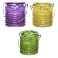 Citronella windlicht met kaars - 3x - paars/geel en groen - 20 branduren - citrusgeur