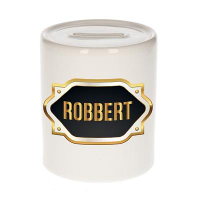 Spaarpot met voornaam Robbert - wit - goud/zwart embleem - 8 x 9 cm - keramiek - afsluitdop