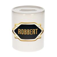 Spaarpot met voornaam Robbert - wit - goud/zwart embleem - 8 x 9 cm - keramiek - afsluitdop
