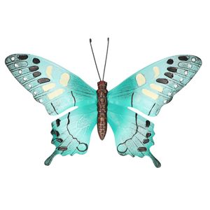 Tuindecoratie vlinder van metaal turquoise blauw/zwart 37 cm