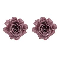 2x stuks decoratie bloemen roos roze glitter op clip 10 cm